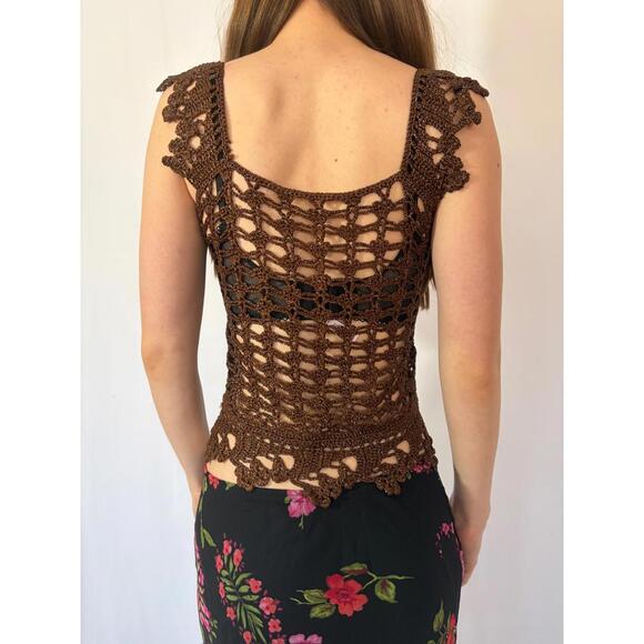 Nanette Lepore Brown Y2k Sparkly Open Knit Milkmaid Top - Picture 3 of 8